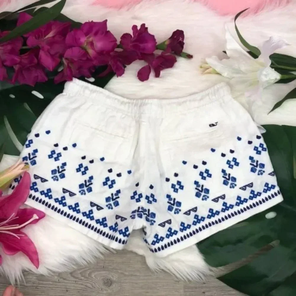 Vineyard Vines Women’s Linen Embroidered White Blue Shorts